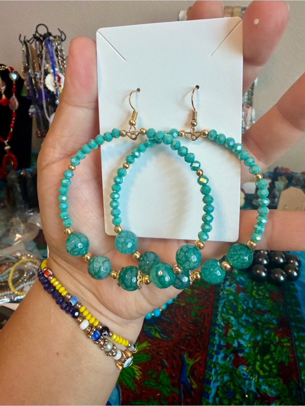 Turquoise Agate Beaded Hoop Earrings-Czech crystals